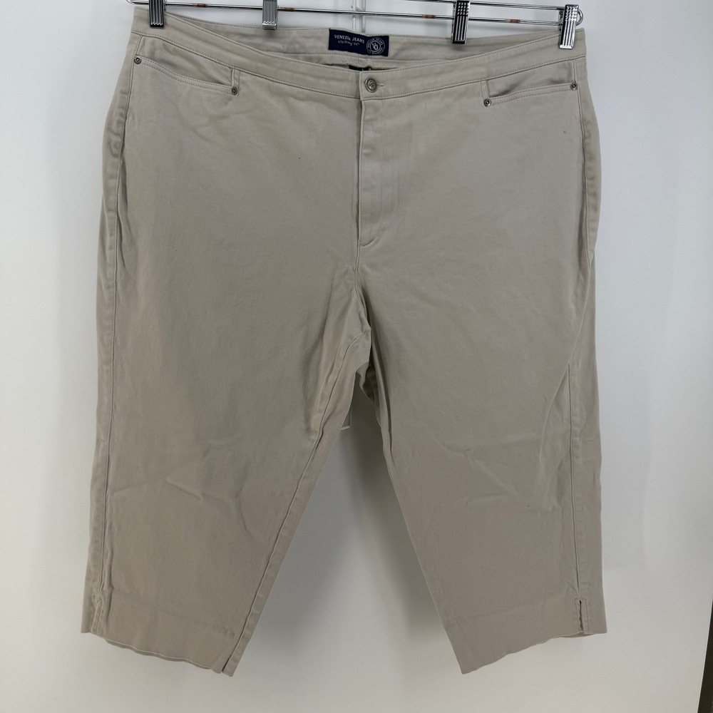 Venezia Capri Pants Women 28 Beige Cotton Stretch Plus Size Casual Coastal Khaki
